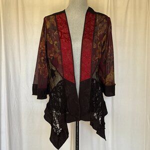 Vtg Studio VK Floral Kimono Cardigan Jacket Top Embroidered blk burg gold PL
